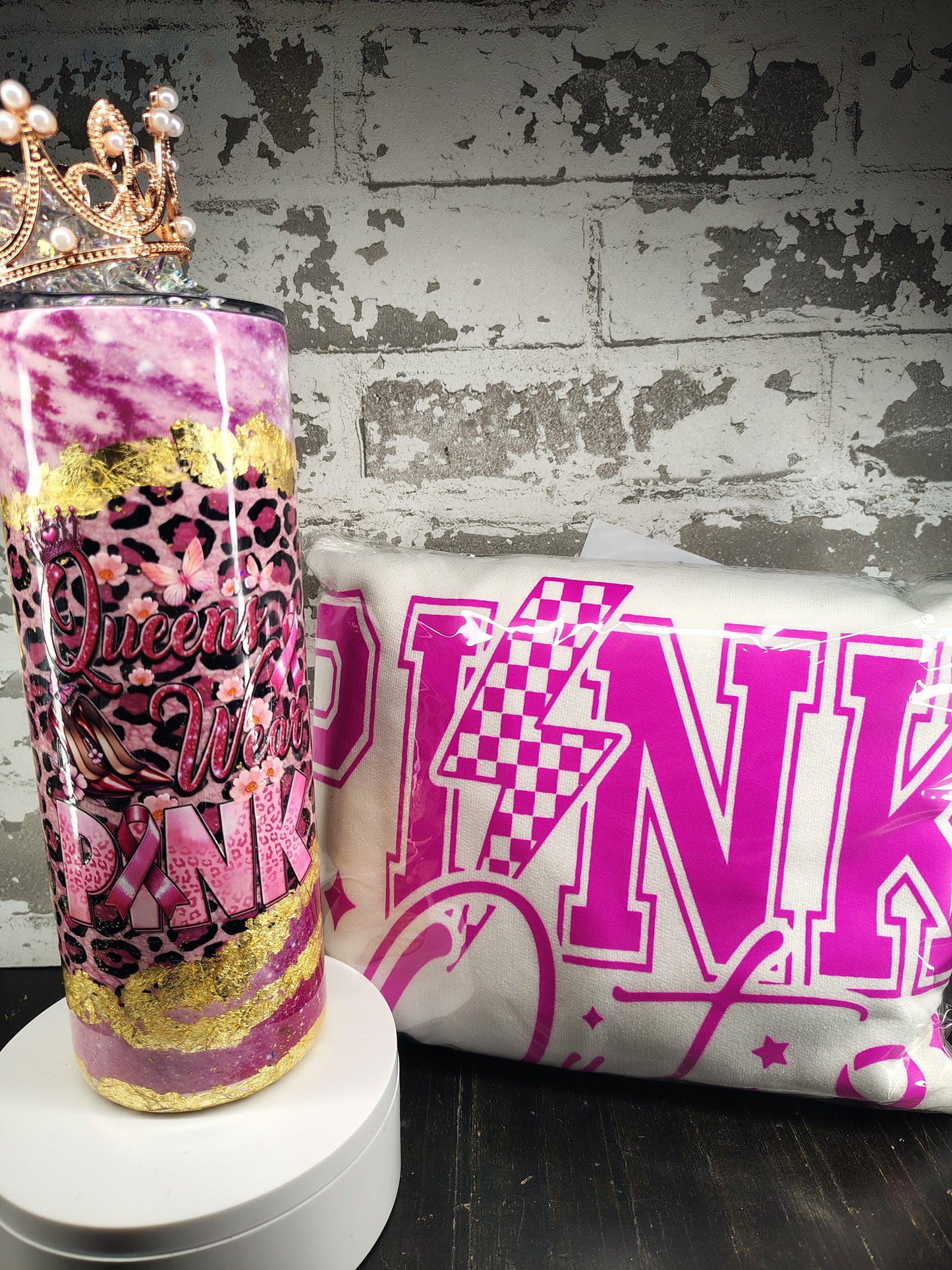 Queens wear pink 20oz Tumbler +Crown Lid/ Pink Out Crewneck