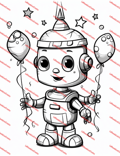 Robot Birthday Digital Coloring Book