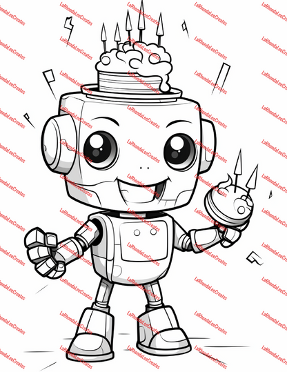 Robot Birthday Digital Coloring Book