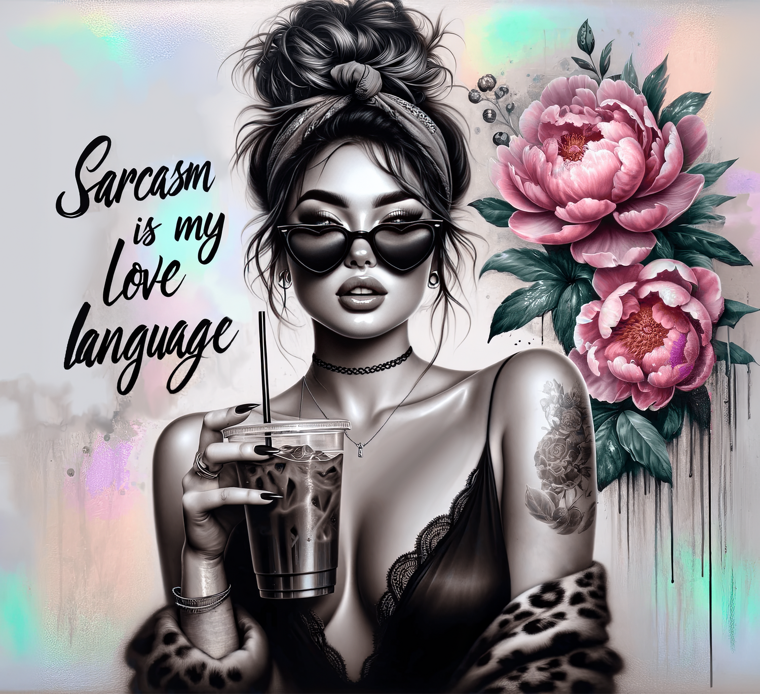 Artistic illustration of a woman with sunglasses, flowers, and text about sarcasm.