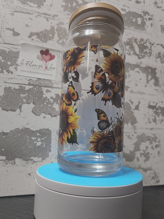 Sunflower Butterfly 20oz Glass Tumbler