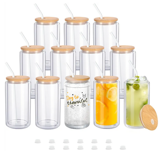 16 Oz Glass Can Tumbler w/bamboo lid