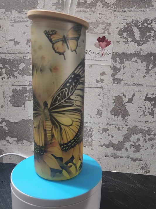 25oz Tall Glass Tumbler Butterfly (yellow gradient)w/ Bamboo Lid