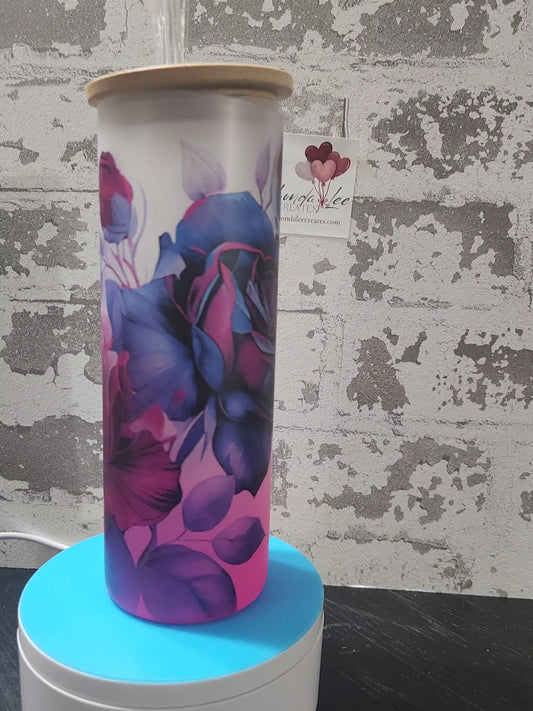 25oz Tall Glass Tumbler Rose (magenta gradient)w/ Bamboo Lid