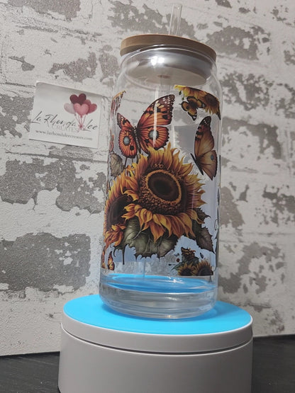 Sunflower Butterfly 20oz Glass Tumbler