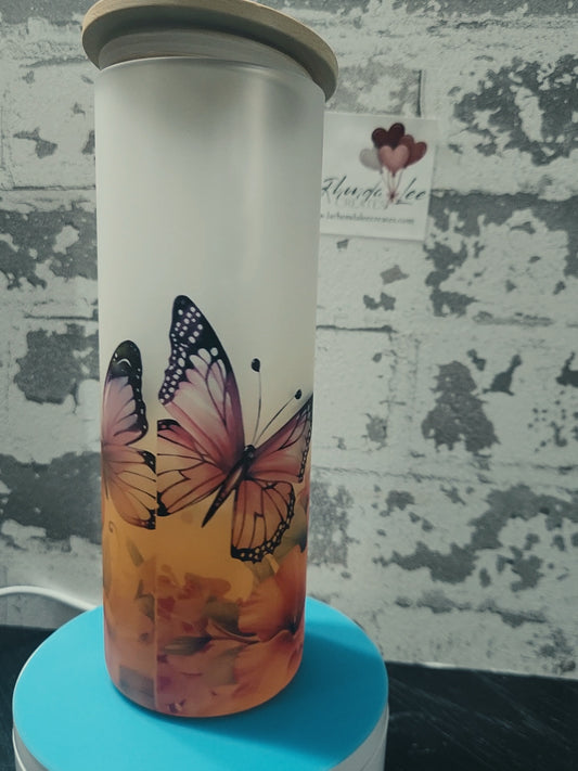 25oz Tall Glass Tumbler Butterfly (orange gradient)w/ Bamboo Lid